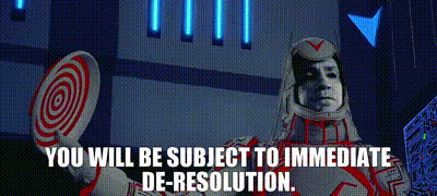 a man in a futuristic suit is holding a target with the words " you will be subject to immediate de-resolution " below him