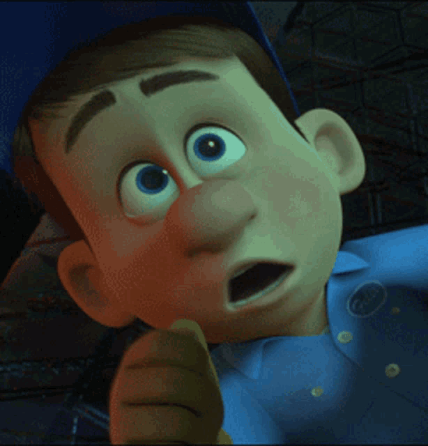 a close up of a cartoon character wearing a blue shirt that says ' gale '