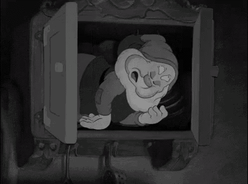 a black and white cartoon of a gnome looking out a window