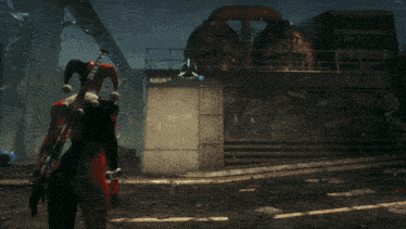 a man in a red suit is climbing a concrete pillar in a video game