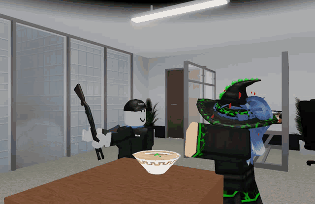 a man holding a gun and a bowl of soup on a table