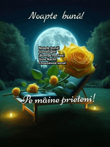 a yellow rose sits on a chair in front of a moon