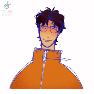 a cartoon drawing of a man wearing glasses and an orange jacket