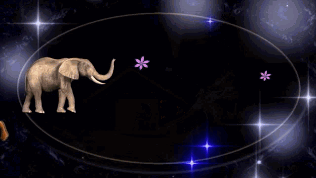 an elephant is standing in front of a house with a flower in its mouth