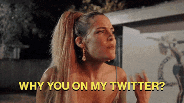 a woman with a ponytail is asking why you on my twitter