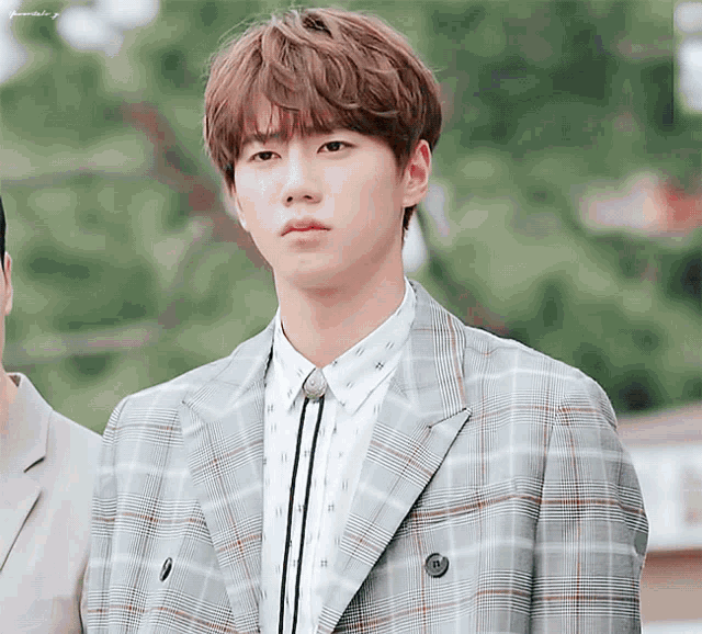 a young man wearing a plaid jacket and white shirt with a tie