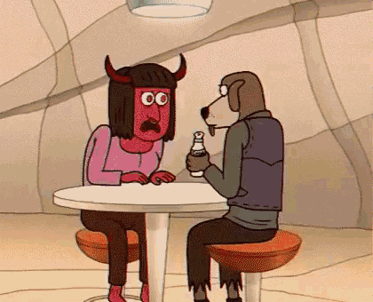 a cartoon of a devil and a dog sitting at a table drinking soda