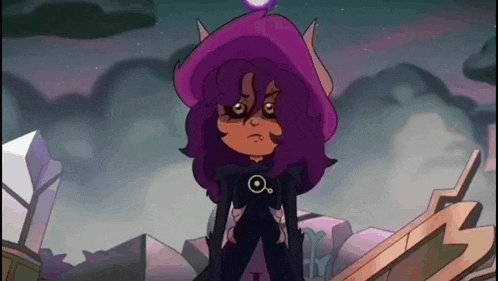 a cartoon character with purple hair and horns is standing next to a sword and looking at the camera .