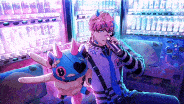 a man with pink hair is holding a microphone and a stuffed animal with horns and the number 8 on it