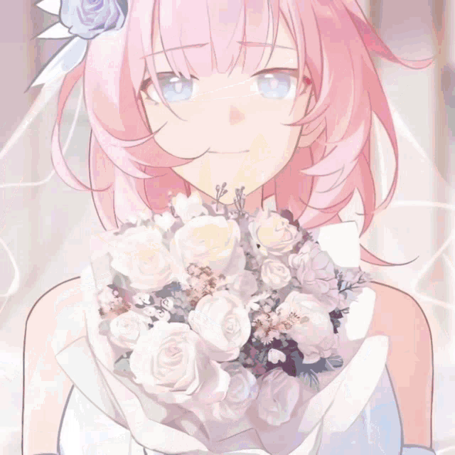 a cartoon girl with pink hair and a white sweater