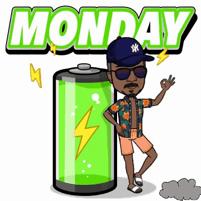 a cartoon man is standing next to a large green battery with a lightning bolt .