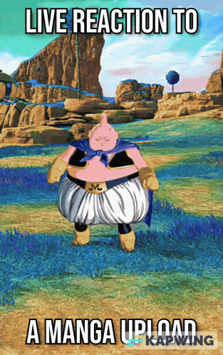 a cartoon character with the words live reaction to a manga upload at the bottom