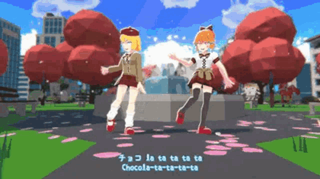 a cartoon of two girls dancing in a park with the words chocola-ta-ta-ta on the bottom