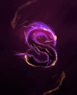the letter s is surrounded by purple and gold smoke on a dark purple background .