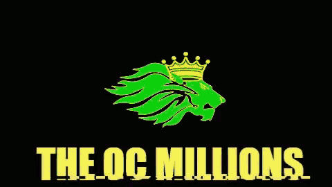 a logo for the oc millions with a green lion and yellow crown