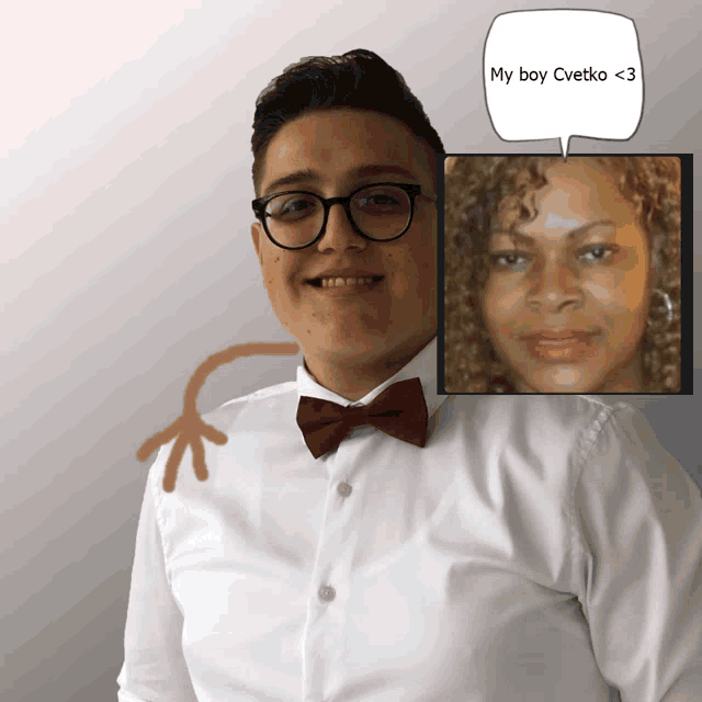 a boy with glasses and a bow tie is next to a picture of a woman and says my boy svetko