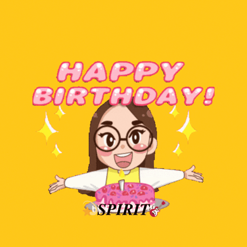 a cartoon of a girl with glasses holding a cake that says happy birthday spirit 's