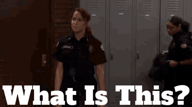a woman in a police uniform stands in front of lockers with the words what is this written below her