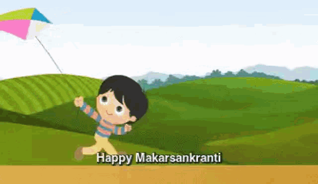 a cartoon of a boy flying a kite with the words happy makar sankranti in the background .