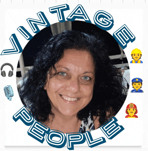 a woman is smiling in a vintage people logo