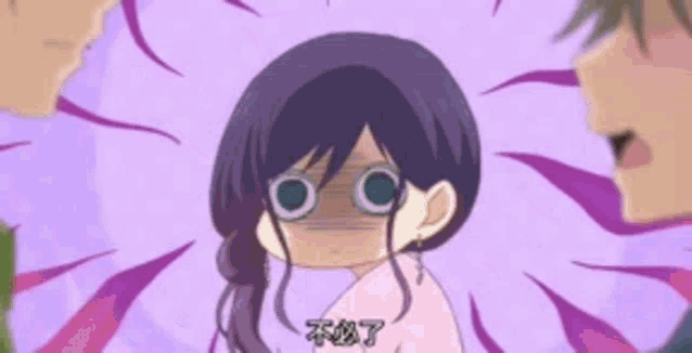 a girl in a pink shirt is making a funny face in front of a man .