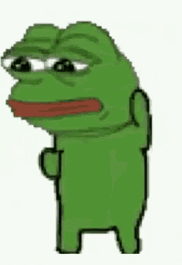 a pixel art of a green frog with a red mouth standing on a white background .