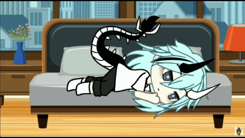 a cartoon character with a dragon tail is laying on a bed in a room