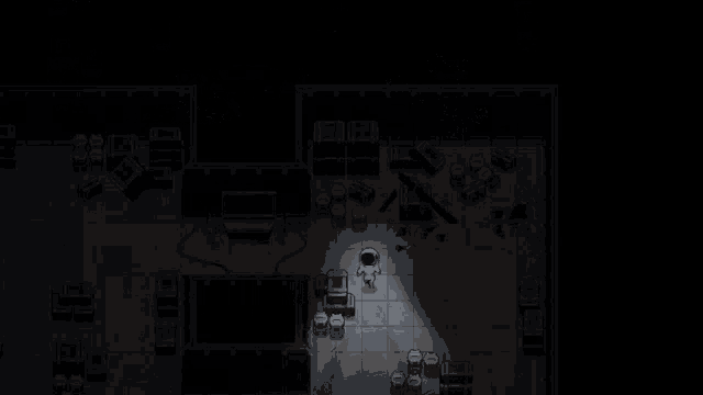 an astronaut is standing in a dark room surrounded by barrels and crates