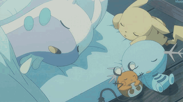 a group of cartoon characters sleeping on a bed with the caption hippig on the bottom left