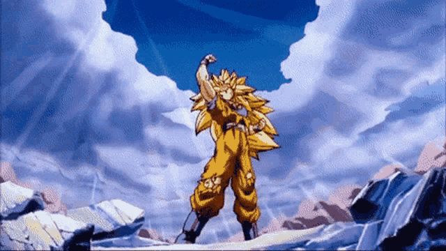 a pixelated image of a cartoon character with a blue sky and clouds behind him