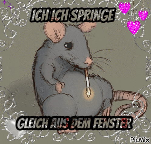 a drawing of a rat smoking a cigarette with the words ich ich springe written above it