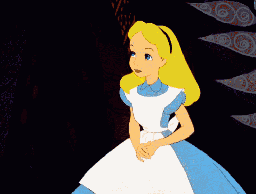 a cartoon of alice from alice in wonderland holding her finger to her chin