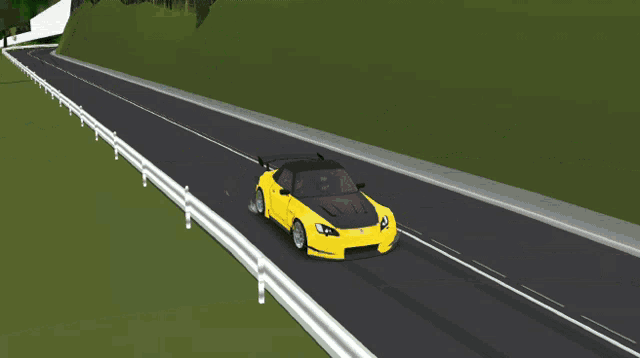 a yellow sports car is driving down a road