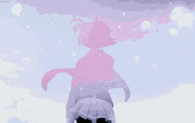 a girl with pink hair is standing in front of a purple sky with bubbles