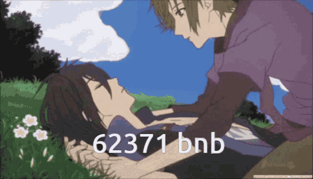 a couple of anime characters laying in the grass with the number 62371 bnb written on the bottom