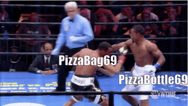 two boxers are fighting in a boxing ring with the words pizzabag69 and pizzabottle60 above them