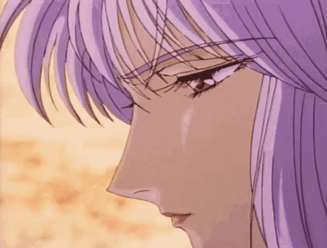 a close up of a woman with purple hair and red lips
