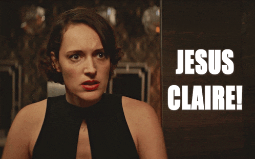 a woman in a black dress stands in front of a sign that says " jesus claire "