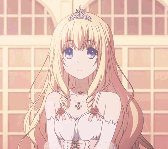 a girl with blonde hair and a tiara on her head is wearing a white dress