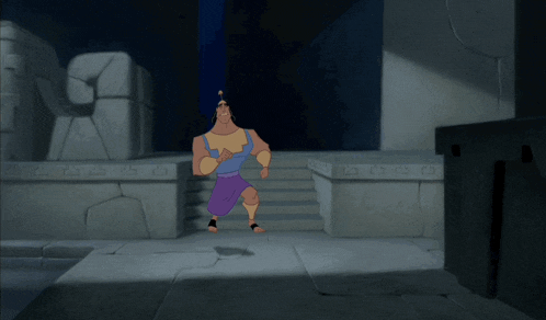 a cartoon character is running in a dark room with a stone wall behind him that says ' a ' on it