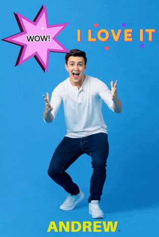 a man in a white shirt is standing in front of a blue background that says i love it