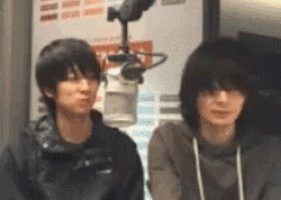 two men are sitting next to each other in front of a microphone .