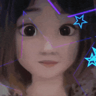 a close up of a doll 's face with glowing stars around her