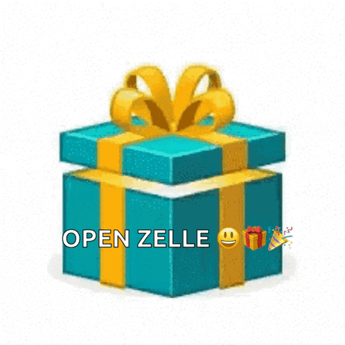 a blue and yellow gift box with the words open zelle written on it