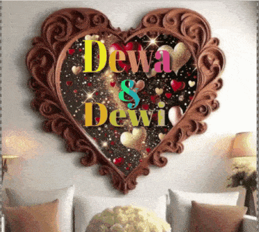 a heart shaped mirror with the words dewa & dewi on it