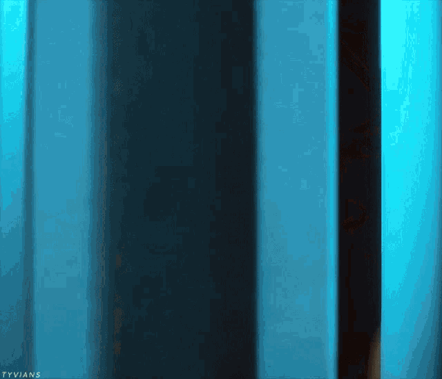 a close up of a blue curtain with the words tyvians below it