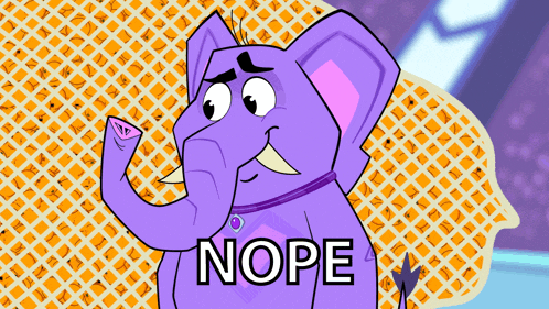 a purple cartoon elephant with the word nope written on it