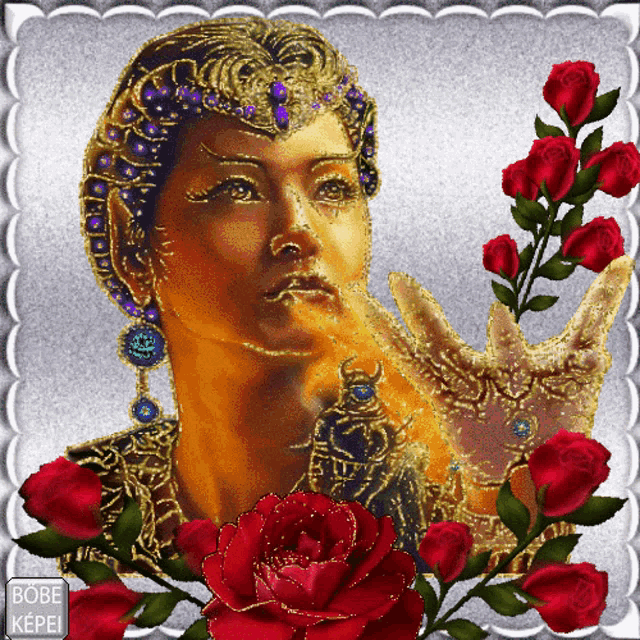 a picture of a woman surrounded by red roses with the words bobe repei on the bottom