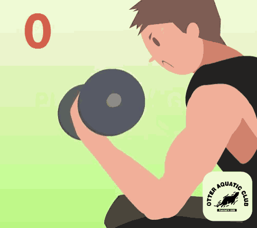 a cartoon of a man lifting a dumbbell with an otter aquatic club logo behind him
