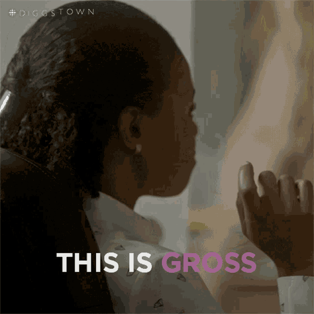 a woman sitting in a chair with the words " this is gross " written on the bottom